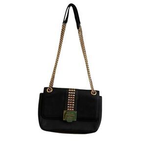 Michael Kors Black Leather Studded Tina Shoulder Flap Bag